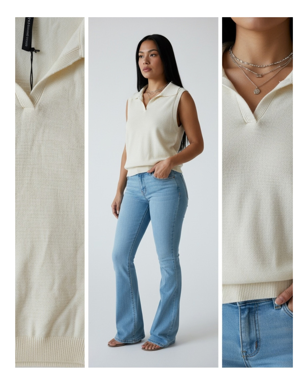 Blusa Punto Sin Manga Cuello V Mujer Beige Casual Formal - Imagen 3
