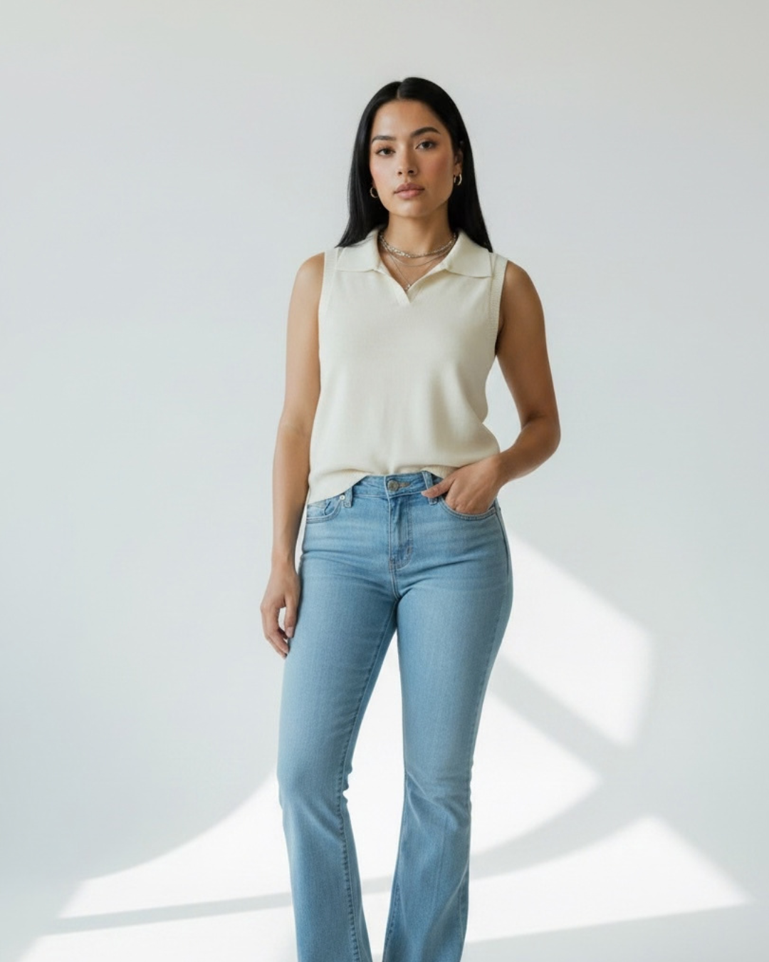 Blusa Punto Sin Manga Cuello V Mujer Beige Casual Formal - Imagen 2