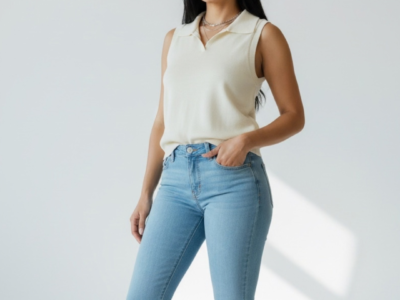 Blusa Punto Sin Manga Cuello V Mujer Beige Casual Formal