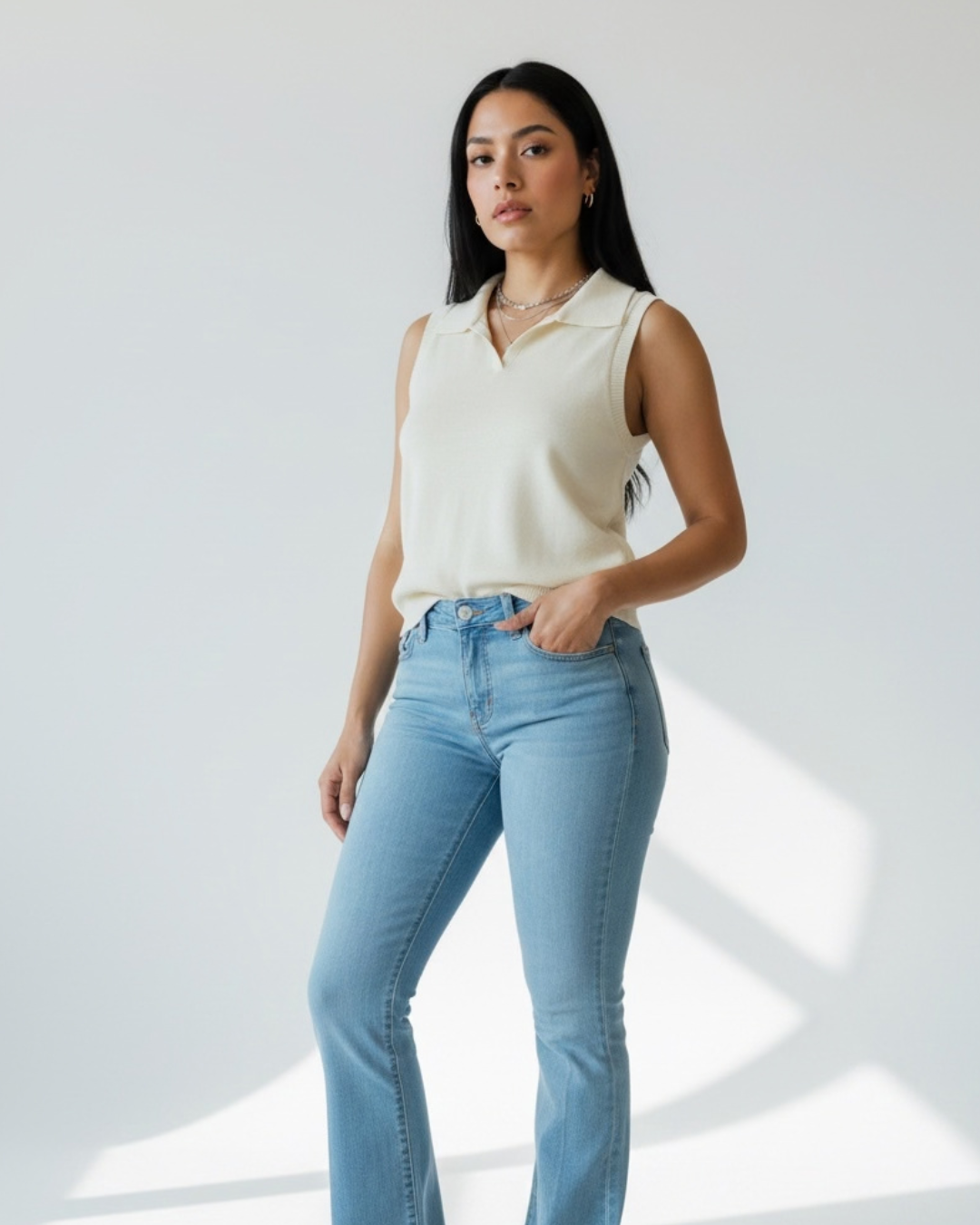 Blusa Punto Sin Manga Cuello V Mujer Beige Casual Formal